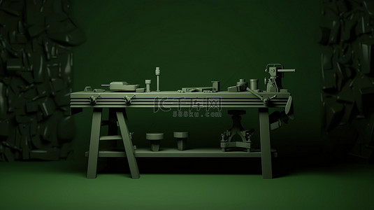 带有单色办公桌的绿色背景的 3d 渲染