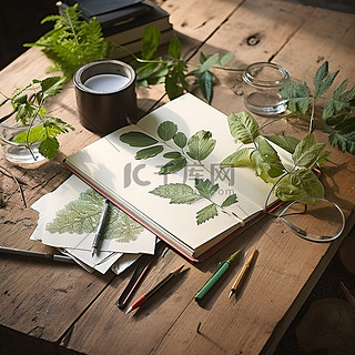 植物附近桌子上的画纸和书籍