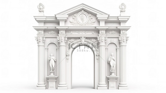 传统拱门的白色背景 3D 渲染，具有科林斯柱三角形鼓室和前入口门