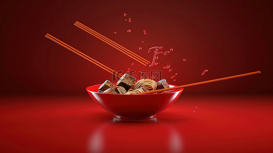 红色中背景图片_醒目的红色背景下，3D 渲染中的面条填充飞行筷子