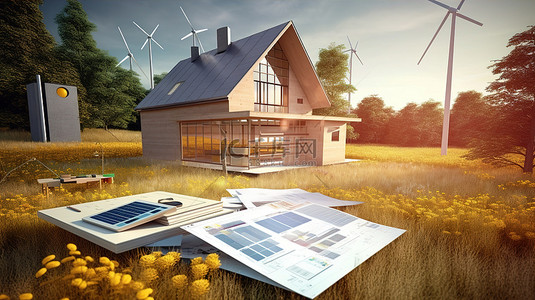 田野中的房子 3D 渲染，包含蓝图能源图表和其他文档