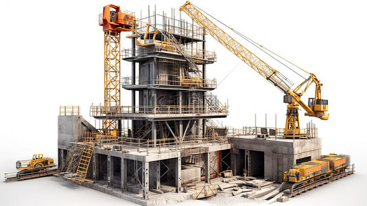 挖掘机背景图片_带起重机和挖掘机的独立 3D 施工现场的建筑设计元素
