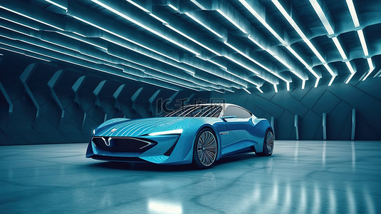现代混凝土建筑 3D 渲染中展示的时尚蓝色跑车