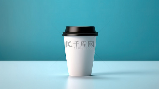白色咖啡杯背景图片_小白色咖啡杯，带有 3D 时尚黑色盖子，位于充满活力的蓝色背景上