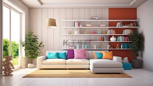 3D 渲染的室内客厅中充满活力的白色沙发