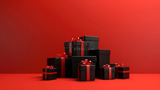 红热黑色星期五交易 3D 渲染的红色背景礼物图像，带有文本空间