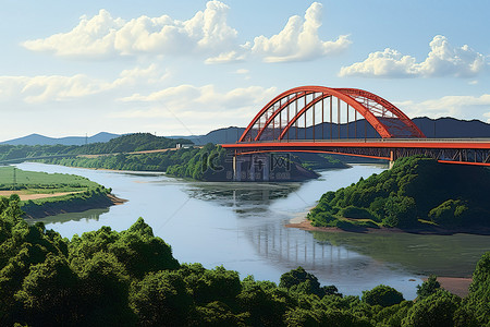 一座横跨河流的桥梁，俯瞰河流和青山