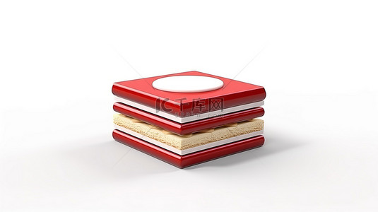 白色底座的平坦红色背景上的微型单色三明治的 3D 图标