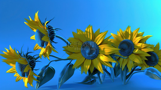 花卉海报背景图片_蓝天映衬下的 3D 向日葵田