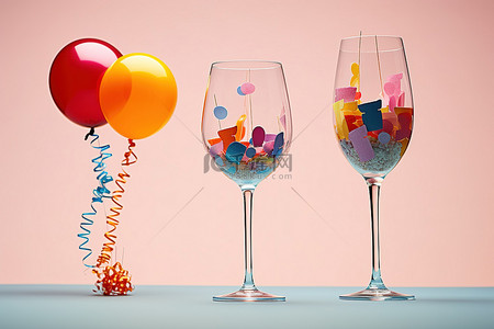 文本装饰背景图片_三个酒杯，其中一个酒杯上有气球装饰