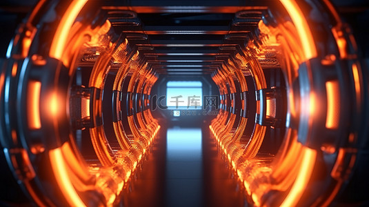 3D 渲染中超凡脱俗的宇宙飞船内部发光等离子发动机管隧道