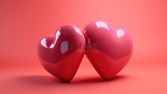 粉红爱心背景背景图片_情人节 3d 渲染两颗红心漂浮在粉红云背景上，心脏大小不同