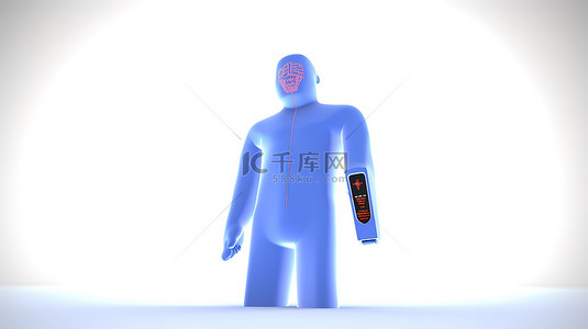 白色背景下孤立患者和数字非接触式红外温度计的 3D 插图