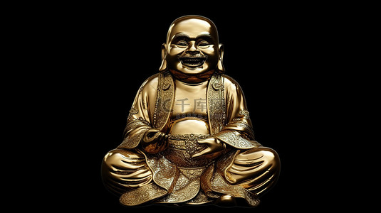 中财神背景图片_隔离在黑色 3D 中国金和尚佛像上，带有剪切路径和笑脸