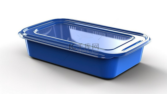 牛皮袋包装背景图片_蓝色空白标签塑料食品容器托盘包装，用于在白色背景上以 3D 呈现的定制设计