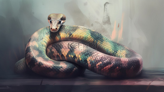 抽象蛇设计背景图片_数字水彩艺术蛇的 3d 渲染