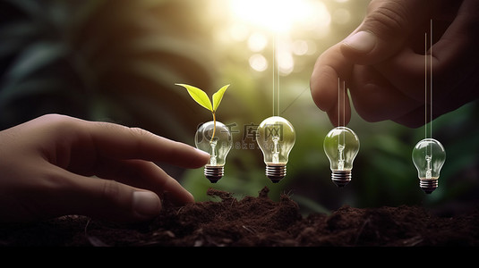 灯商背景图片_业务增长概念 3d 手浇灯泡和从条形图种植的植物