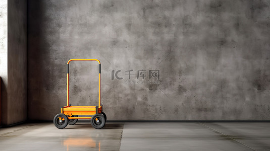 仓库中手推车的 3D 渲染，混凝土墙充满活力的橙色模型