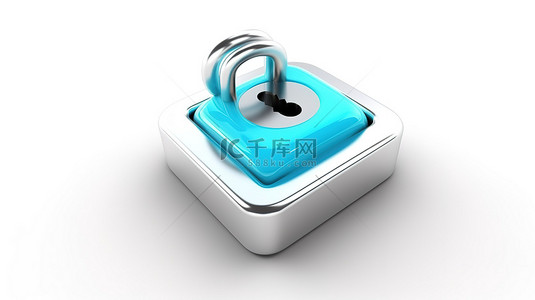 孤立的白色背景，在 3d 渲染的方形按钮键上带有蓝色挂锁图标