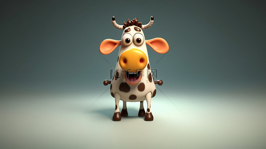 牧场奶牛背景图片_一头顽皮的牛的异想天开的 3D 插图
