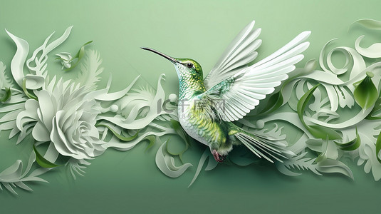 生活中的图形背景图片_充满活力的 3D 艺术品，在彩色绿色复古图案中呈现白色蜂鸟剪影