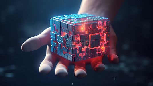 金融科技区块链背景图片_机器人手抓住的区块链立方体的 3D 渲染