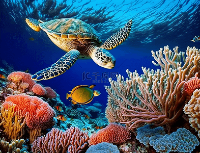 珊瑚礁海龟美丽的海洋卡通背景