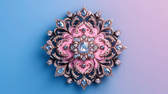 珠宝锆石素材背景图片_复古双色调巴洛克胸针，粉红色背景上镶有蓝色钻石宝石 3D 渲染珠宝