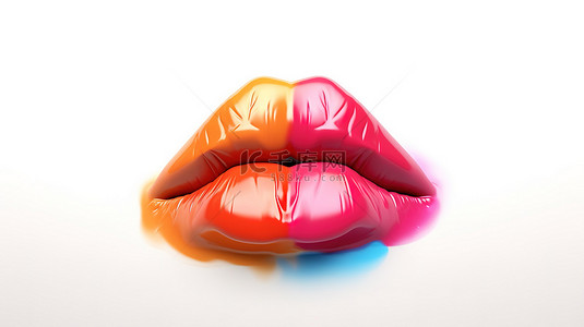 白色背景上带有彩色口红的嘴唇的彩色吻 3D 渲染