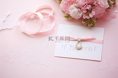粉红色背景照片上的快乐结婚卡