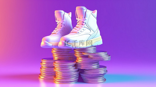 盈利逻辑背景图片_装饰着成堆硬币的高架 nft 运动鞋，以 3D 方式呈现加密货币热潮的盈利潜力