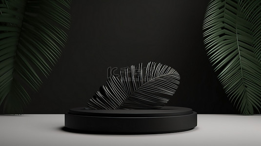1 简约的产品展示，在讲台上采用黑色 3D 构图，背景是令人惊叹的自然背景，并以树叶阴影为背景