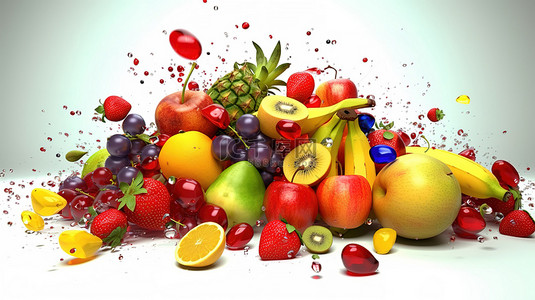 混合水果背景图片_3D动画水果混合泳动人的水果混合体
