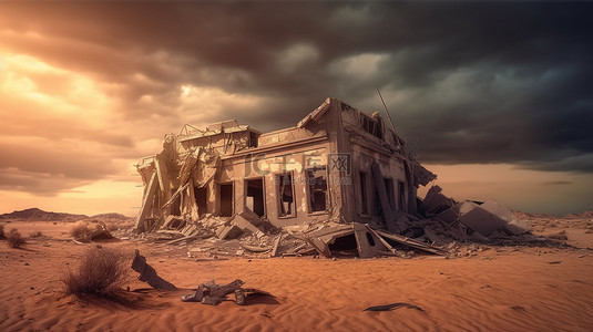 建筑废墟背景图片_3D 渲染的险恶天际线中的破旧沙漠建筑