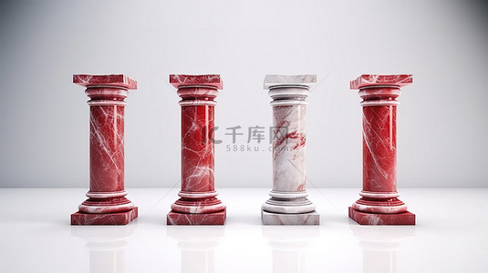 白色背景的 3D 渲染与经典红色大理石柱和栏杆特色柱