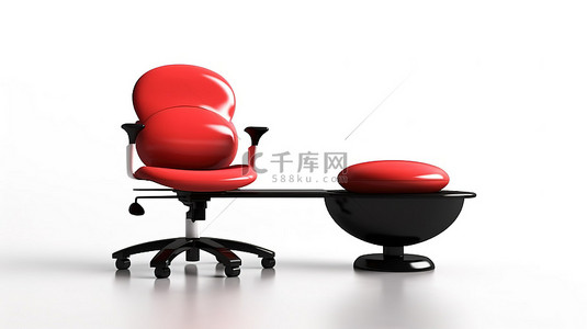 红色和黑色皮革行政椅的 3D 渲染在白色背景下的权重尺度上保持平衡