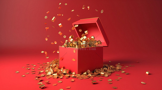 新年豪礼背景图片_带金丝带蝴蝶结的红色礼盒，3d 渲染红色背景上溢出的硬币