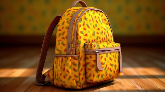 学校礼物背景图片_逼真 3D 渲染中的黄色图案学校背包