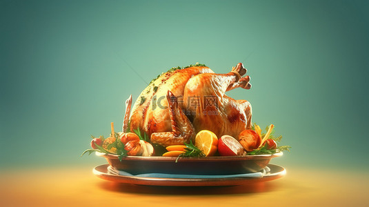 1 感恩节撒上一盘美味的烤火鸡 3D 插图