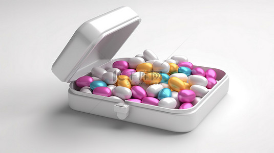 白色医疗箱背景图片_白色背景上装有胶囊的白色礼品盒的独立 3D 插图