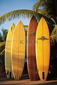 冲浪背景图片_金属架上放着三块夏威夷木制冲浪板