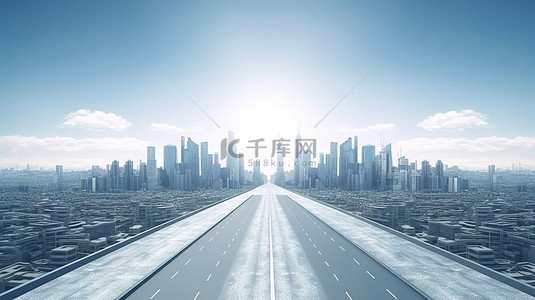 公路背景图片_未来无尽的高速公路 3D 插图，具有天际线建筑和无限的道路设计