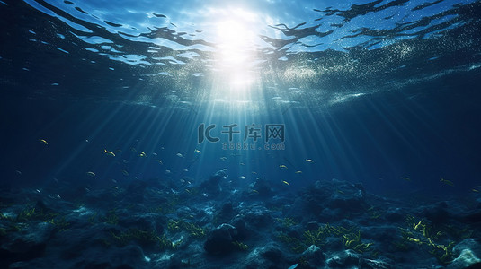 深海背景图片_阳光透过深蓝色的水下世界 3D 插图渲染