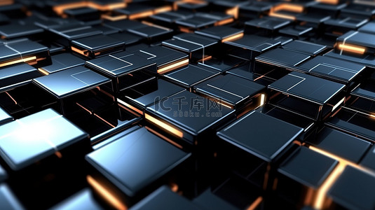 未来派黑色表面与 3D 抽象渲染科幻背景中的方形立方体