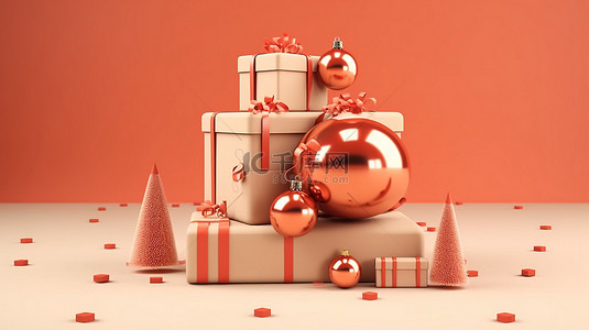 节日展示 3D 礼品盒和圣诞装饰品，祝圣诞快乐和新年快乐