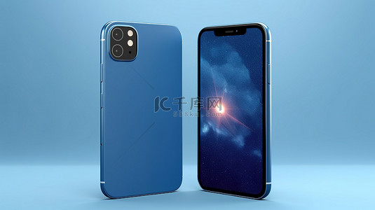 精致的 3D 蓝色手机模型，具有正面和背面视图