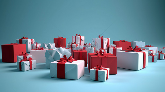 蓝色背景生日背景图片_红色和白色礼品盒组合在一起，在蓝色背景下的 3D 渲染集中