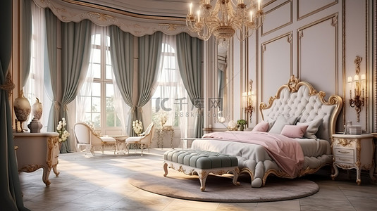 新古典主义卧室配有豪华床装饰墙壁龛梳妆台和凳子 3D 渲染