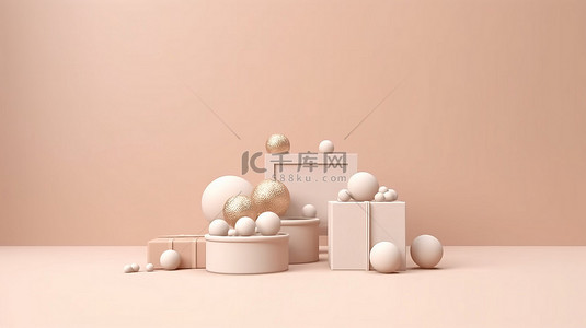 米色背景海报背景图片_简单的设置白色礼品盒在柔和的米色背景代表节日场合3D 渲染