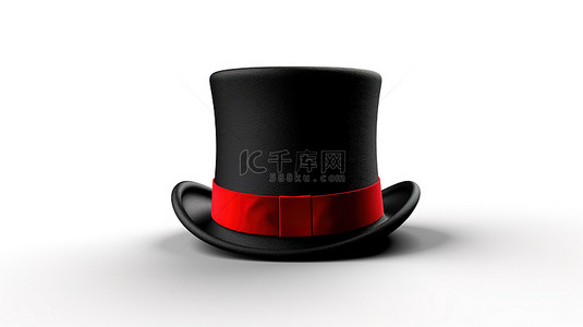 魔术舞台背景背景图片_白色背景上带有红丝带的孤立黑色圆柱魔术师帽子的 3D 渲染